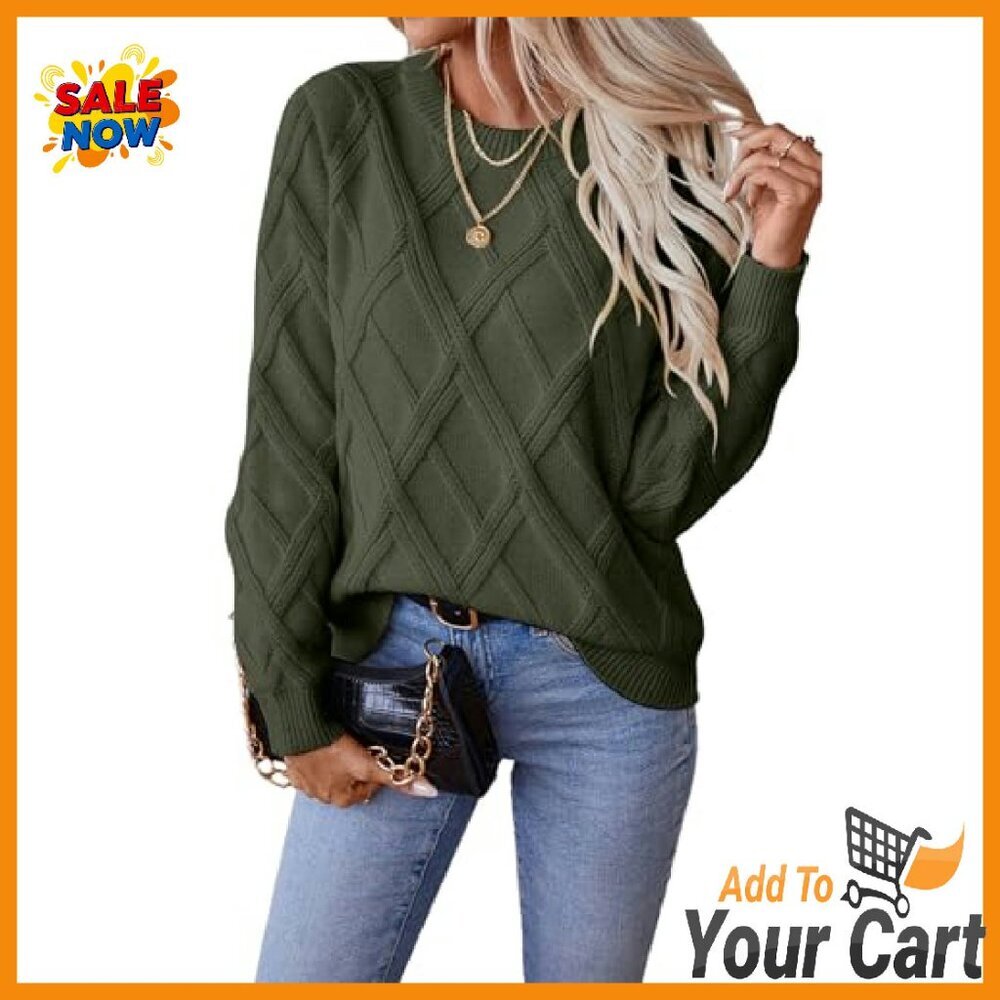 Cable Knit Crewneck Sweater, Viscose Blend, Fall Winter Tops - Picture 2 of 7